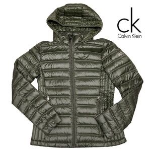 Calvin Klein Jacket Womens XS Packable Lightweight Down Hooded Green Puffer Coat